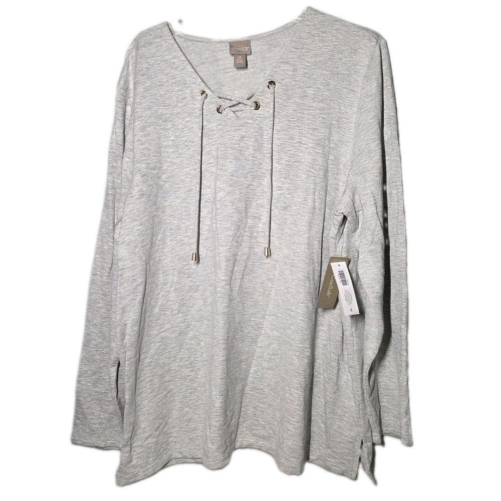 NWT Chico's Womens Size 4 Heather Gray Longsleeve Top Lace-up V-neckline